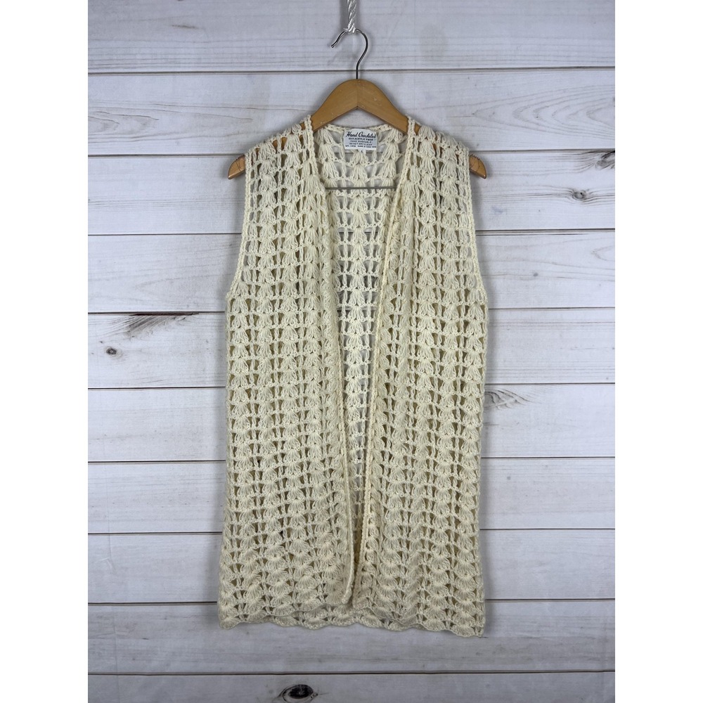 Vintage Hand Crocheted Vest Womens Large Ivory Open Knit Boho Made in Hong Kong